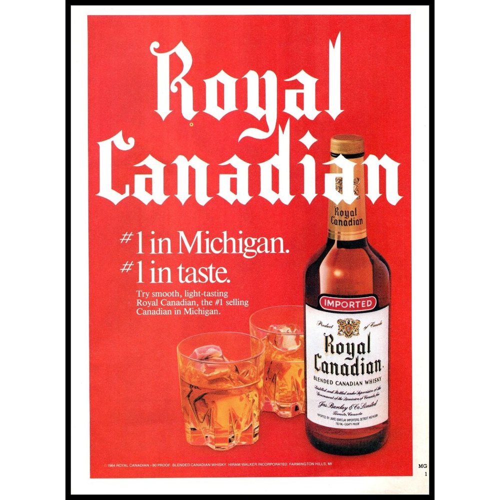 1985 Royal Canadian Whisky Whiskey Vintage Print Ad On the Rocks Bar Wall Art